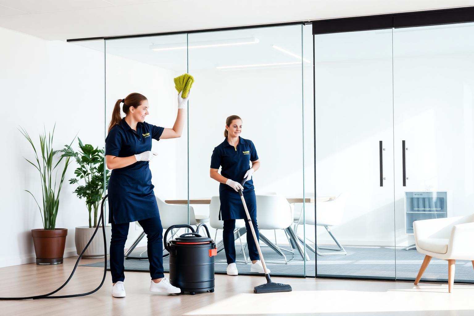 Professioneel schoonmaakteam aan het werk in een modern kantoor in Groningen